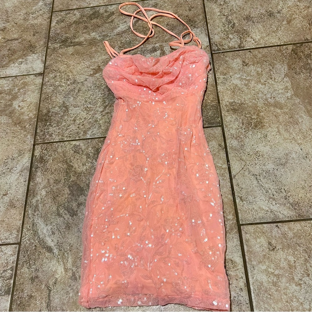 Windsor Coral Sequin Hoco Mini Dress